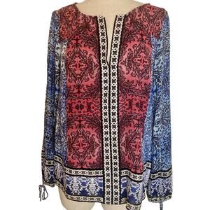 Lucky Brand colorful boho blouse, womens size medium blue pink long sleeve top